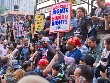 Members of Transit Workers Union Local 100 address the crowd at the Occupy Wall Street encampment