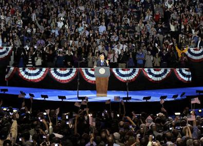 Barack Obama speaks at his Election Night victory rally