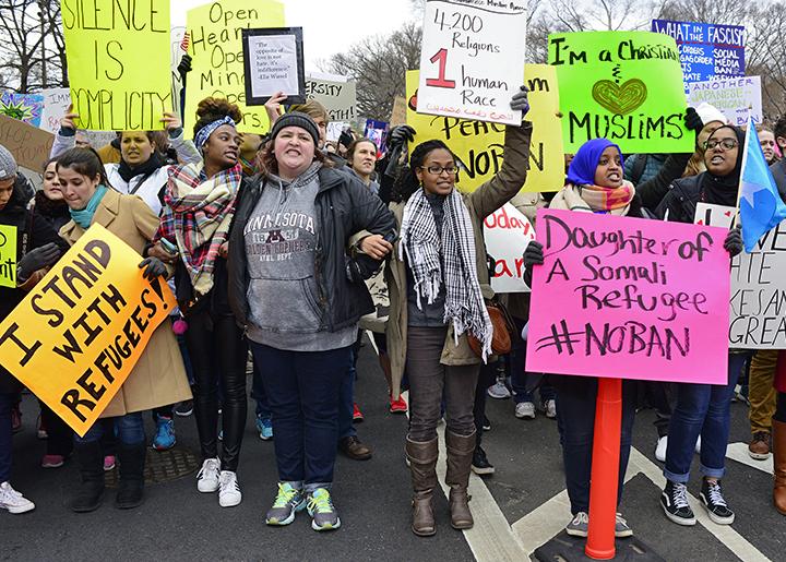 A crowd takes the streets in Washington, D.C., to protest Trump's Muslim ban