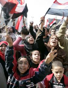 Crowds gathered outside the state television building to celebrate the downfall of Hosni Mubarak