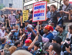 Members of Transit Workers Union Local 100 address the crowd at the Occupy Wall Street encampment