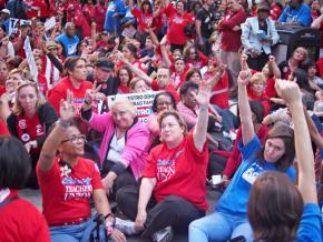 Chicago teachers gathered in their thousands for a rally in support of strike authorization